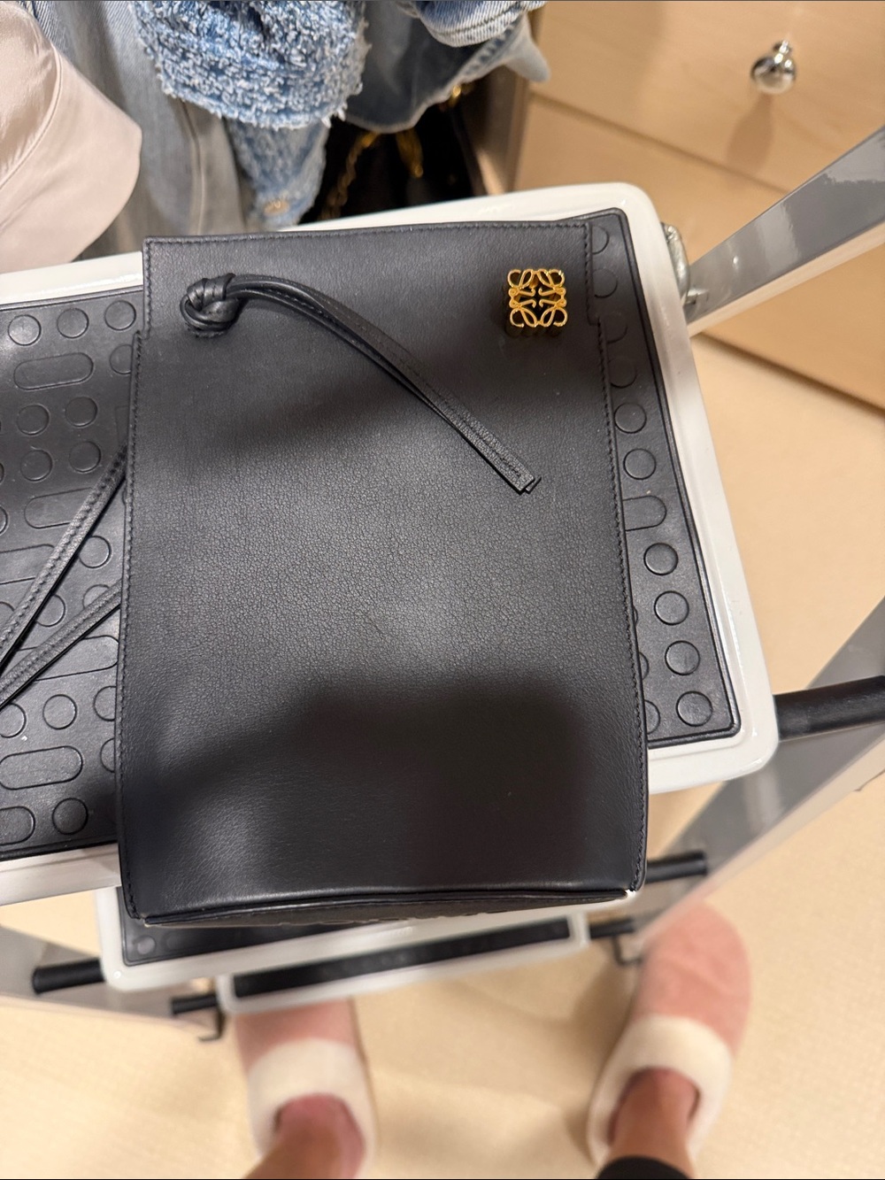 Loewe Black Leather Drawstring Pouch with Gold Anagram